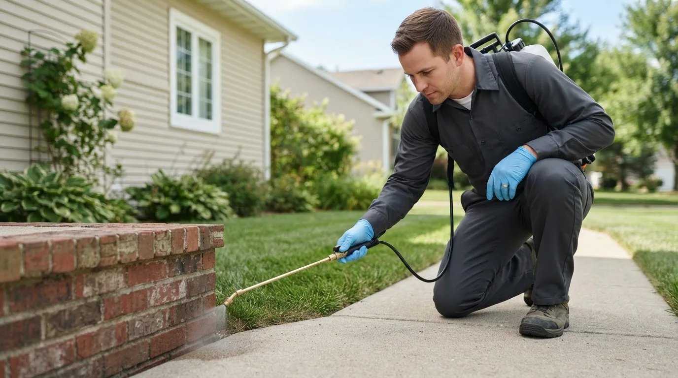 Pest control technician treating a home near Bradford, ME